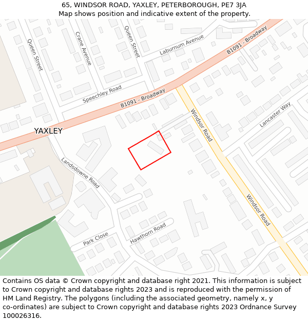 65, WINDSOR ROAD, YAXLEY, PETERBOROUGH, PE7 3JA: Location map and indicative extent of plot