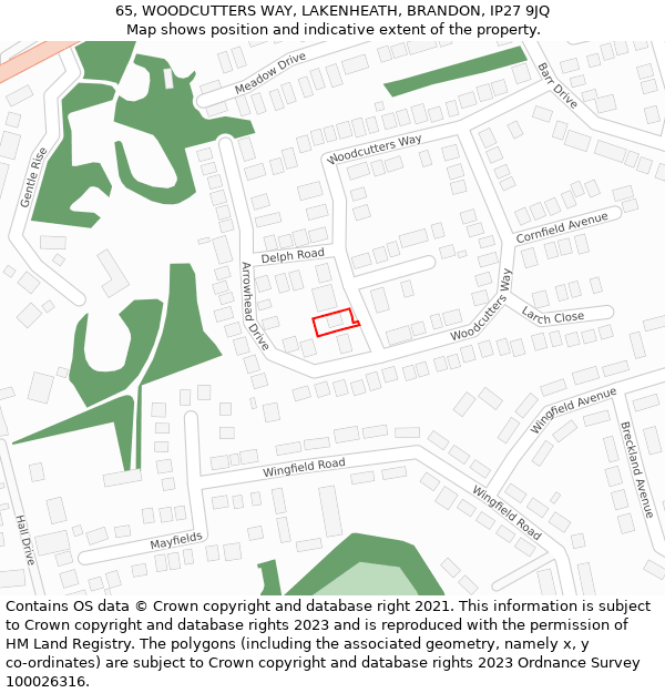 65, WOODCUTTERS WAY, LAKENHEATH, BRANDON, IP27 9JQ: Location map and indicative extent of plot