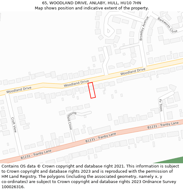 65, WOODLAND DRIVE, ANLABY, HULL, HU10 7HN: Location map and indicative extent of plot