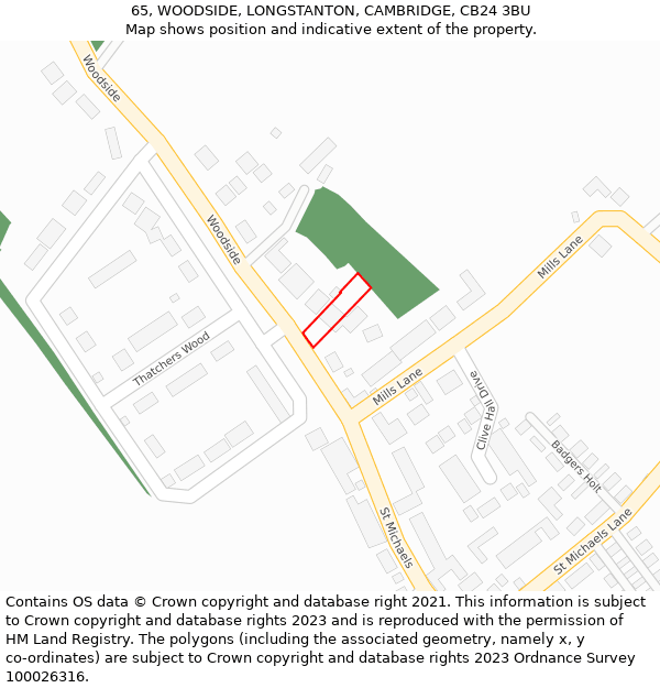 65, WOODSIDE, LONGSTANTON, CAMBRIDGE, CB24 3BU: Location map and indicative extent of plot