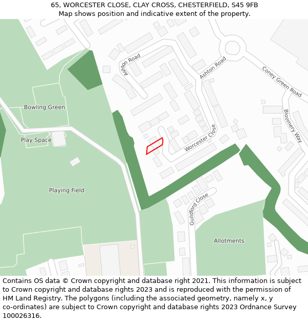 65, WORCESTER CLOSE, CLAY CROSS, CHESTERFIELD, S45 9FB: Location map and indicative extent of plot