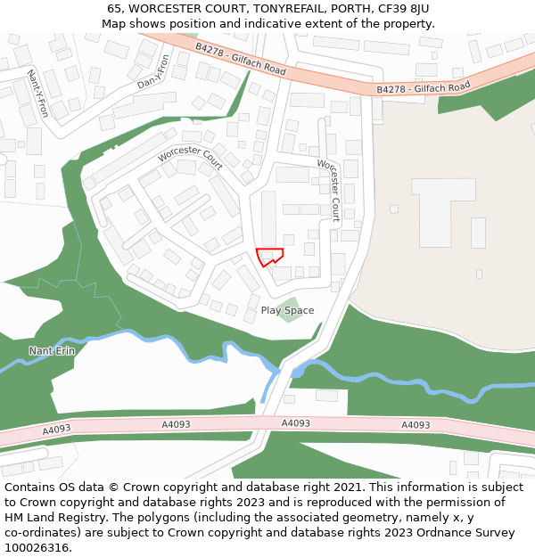 65, WORCESTER COURT, TONYREFAIL, PORTH, CF39 8JU: Location map and indicative extent of plot