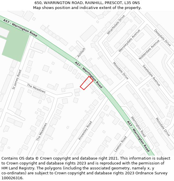 650, WARRINGTON ROAD, RAINHILL, PRESCOT, L35 0NS: Location map and indicative extent of plot