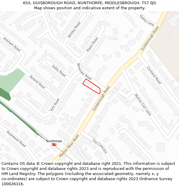 65A, GUISBOROUGH ROAD, NUNTHORPE, MIDDLESBROUGH, TS7 0JS: Location map and indicative extent of plot