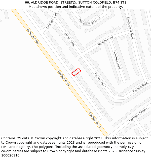 66, ALDRIDGE ROAD, STREETLY, SUTTON COLDFIELD, B74 3TS: Location map and indicative extent of plot