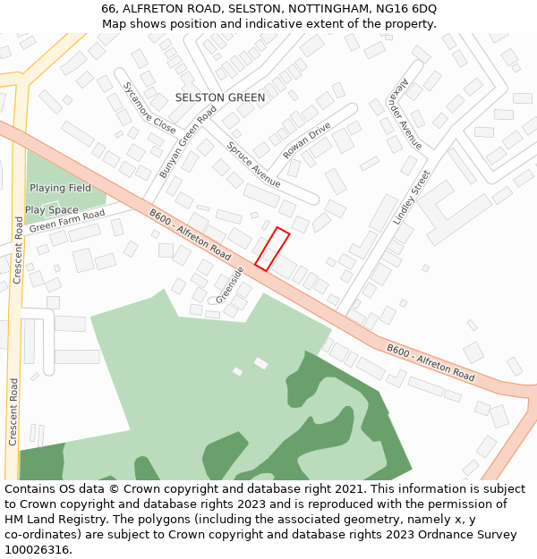 66, ALFRETON ROAD, SELSTON, NOTTINGHAM, NG16 6DQ: Location map and indicative extent of plot