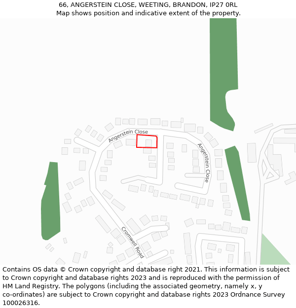 66, ANGERSTEIN CLOSE, WEETING, BRANDON, IP27 0RL: Location map and indicative extent of plot