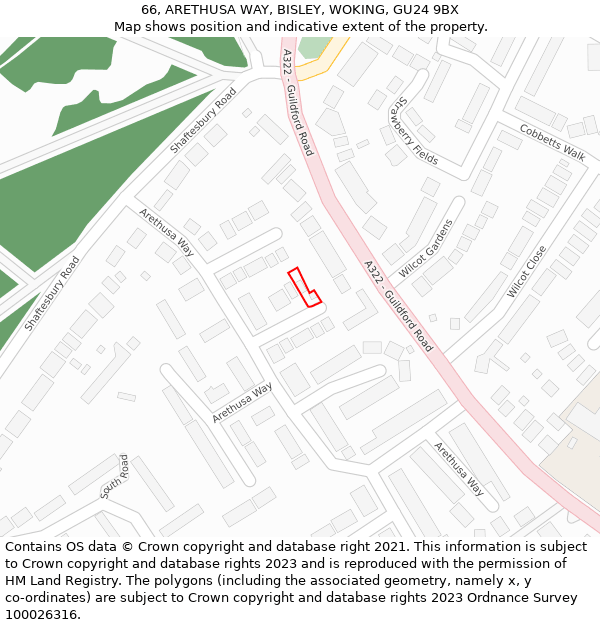 66, ARETHUSA WAY, BISLEY, WOKING, GU24 9BX: Location map and indicative extent of plot