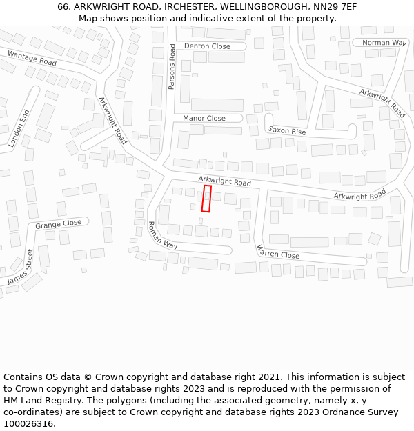 66, ARKWRIGHT ROAD, IRCHESTER, WELLINGBOROUGH, NN29 7EF: Location map and indicative extent of plot