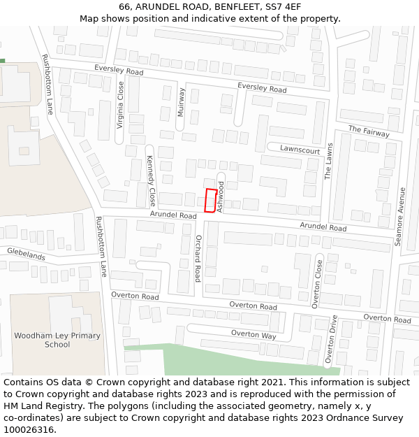 66, ARUNDEL ROAD, BENFLEET, SS7 4EF: Location map and indicative extent of plot