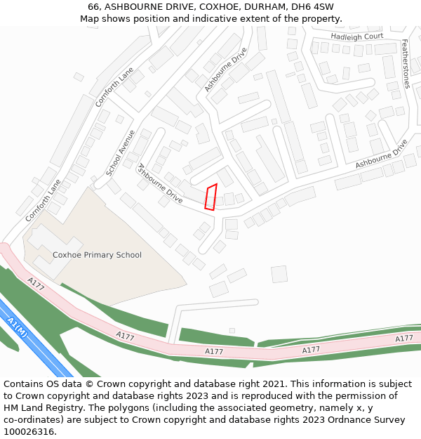 66, ASHBOURNE DRIVE, COXHOE, DURHAM, DH6 4SW: Location map and indicative extent of plot