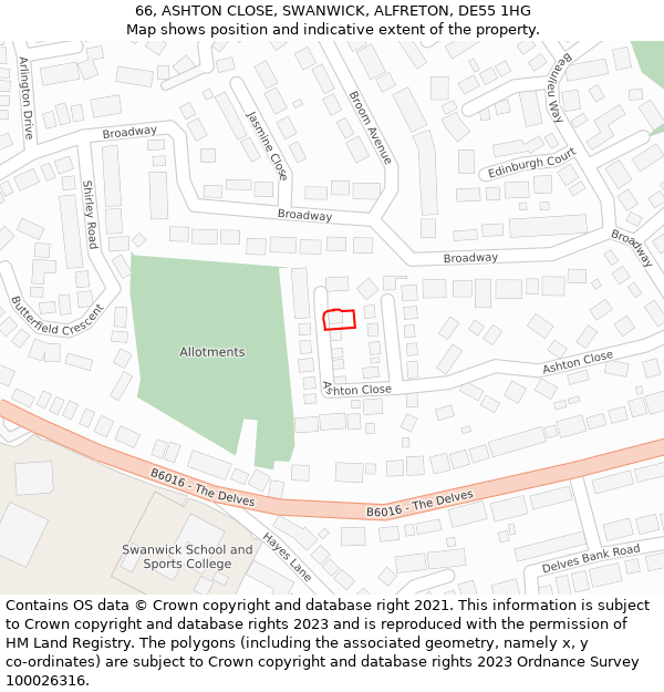 66, ASHTON CLOSE, SWANWICK, ALFRETON, DE55 1HG: Location map and indicative extent of plot