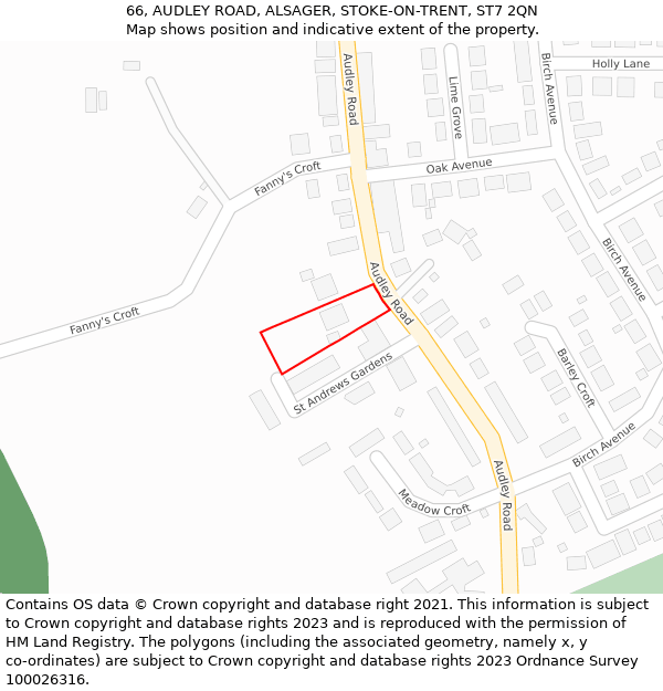 66, AUDLEY ROAD, ALSAGER, STOKE-ON-TRENT, ST7 2QN: Location map and indicative extent of plot