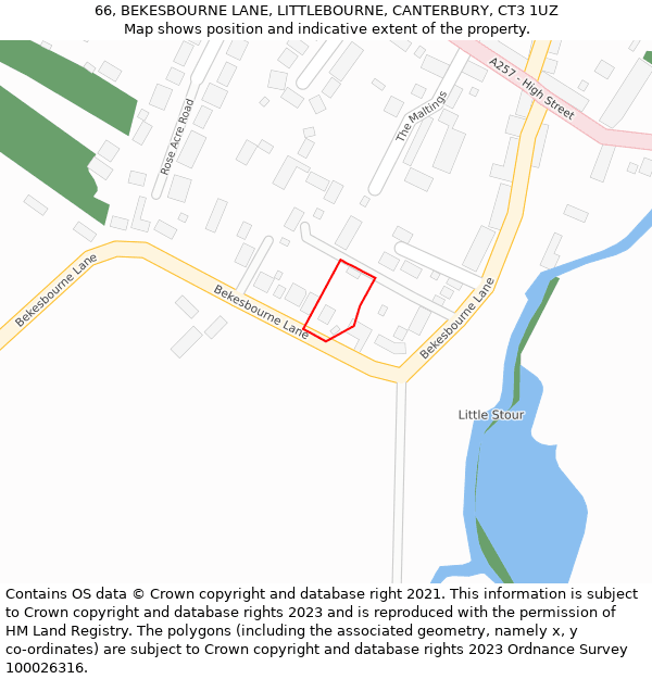 66, BEKESBOURNE LANE, LITTLEBOURNE, CANTERBURY, CT3 1UZ: Location map and indicative extent of plot