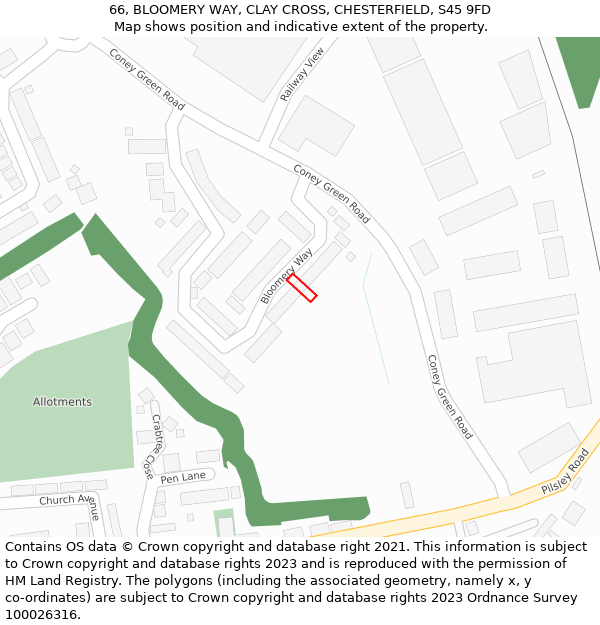 66, BLOOMERY WAY, CLAY CROSS, CHESTERFIELD, S45 9FD: Location map and indicative extent of plot