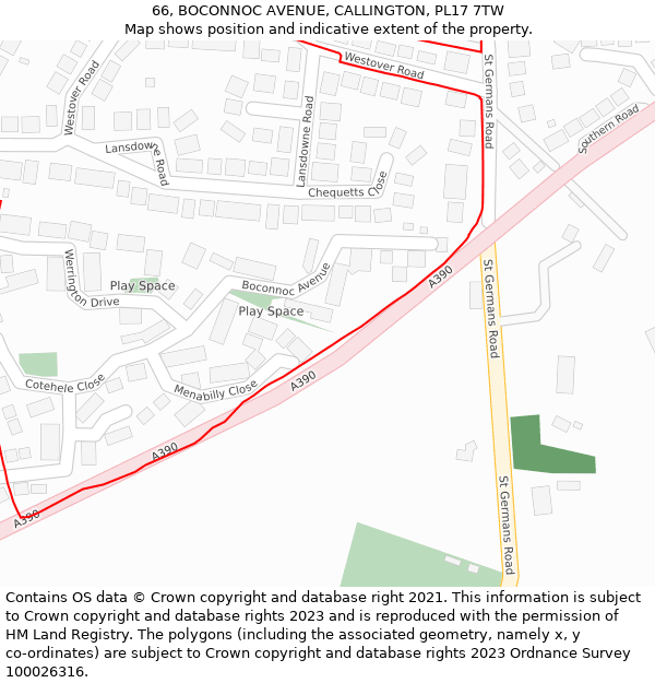 66, BOCONNOC AVENUE, CALLINGTON, PL17 7TW: Location map and indicative extent of plot