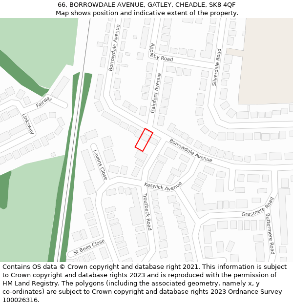 66, BORROWDALE AVENUE, GATLEY, CHEADLE, SK8 4QF: Location map and indicative extent of plot