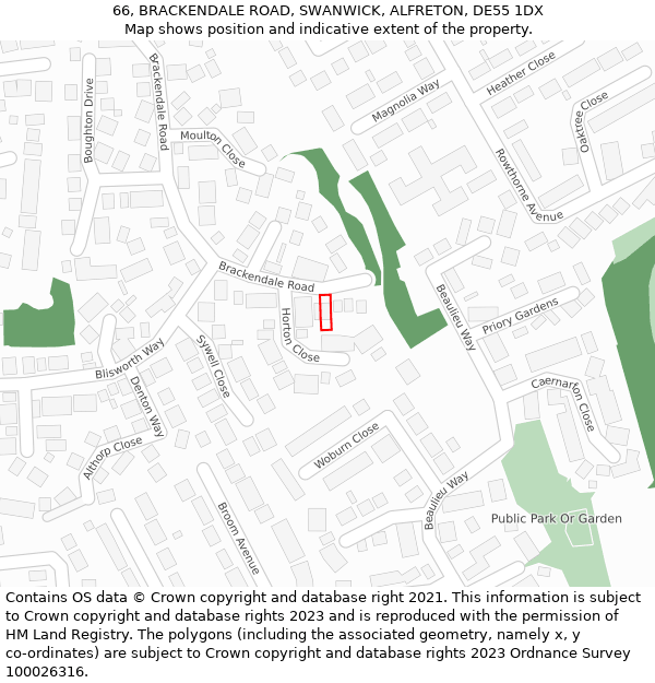 66, BRACKENDALE ROAD, SWANWICK, ALFRETON, DE55 1DX: Location map and indicative extent of plot