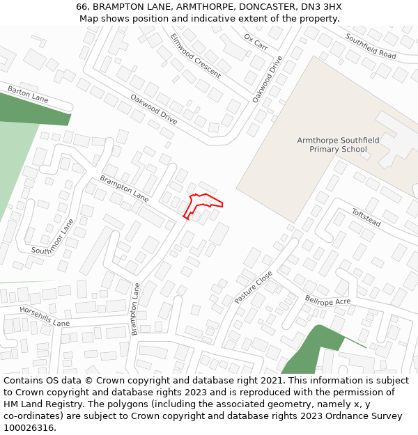 66, BRAMPTON LANE, ARMTHORPE, DONCASTER, DN3 3HX: Location map and indicative extent of plot