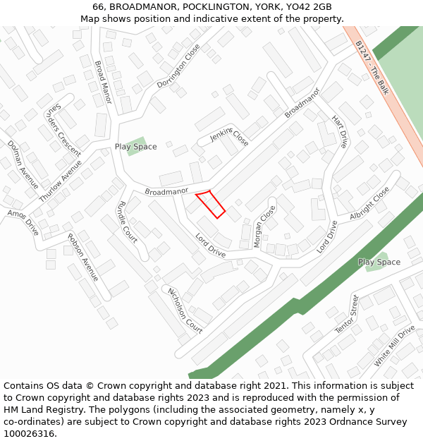 66, BROADMANOR, POCKLINGTON, YORK, YO42 2GB: Location map and indicative extent of plot