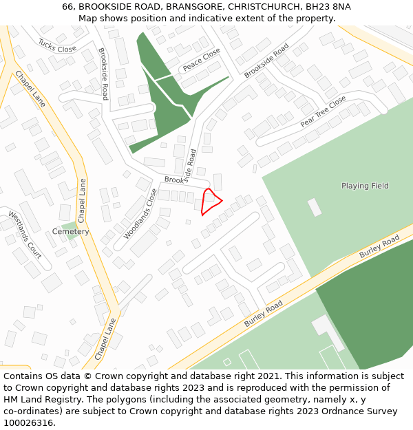 66, BROOKSIDE ROAD, BRANSGORE, CHRISTCHURCH, BH23 8NA: Location map and indicative extent of plot