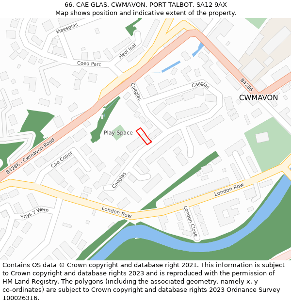 66, CAE GLAS, CWMAVON, PORT TALBOT, SA12 9AX: Location map and indicative extent of plot