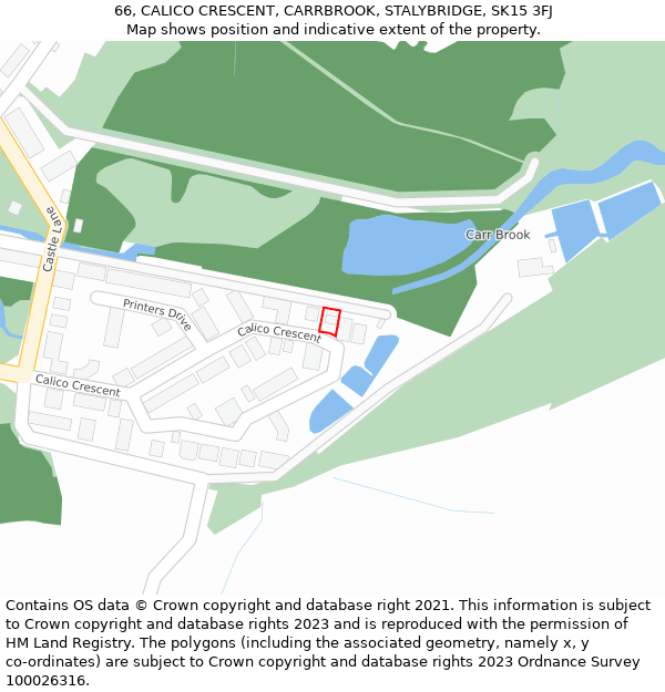 66, CALICO CRESCENT, CARRBROOK, STALYBRIDGE, SK15 3FJ: Location map and indicative extent of plot