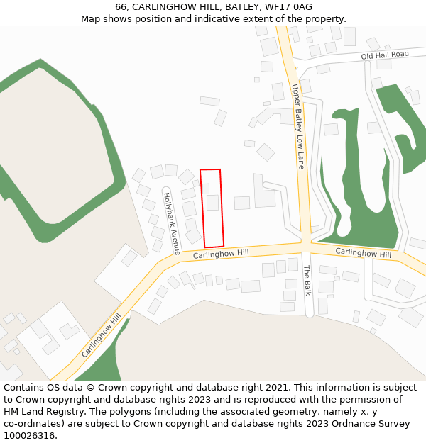 66, CARLINGHOW HILL, BATLEY, WF17 0AG: Location map and indicative extent of plot