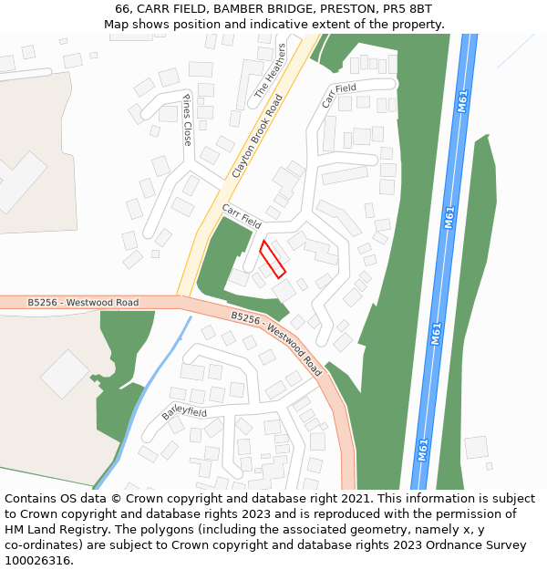 66, CARR FIELD, BAMBER BRIDGE, PRESTON, PR5 8BT: Location map and indicative extent of plot