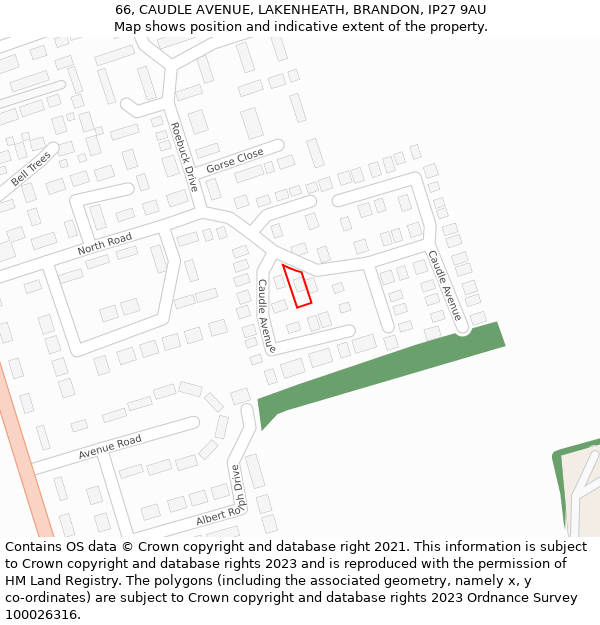 66, CAUDLE AVENUE, LAKENHEATH, BRANDON, IP27 9AU: Location map and indicative extent of plot