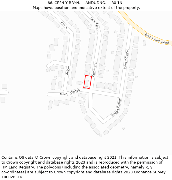 66, CEFN Y BRYN, LLANDUDNO, LL30 1NL: Location map and indicative extent of plot