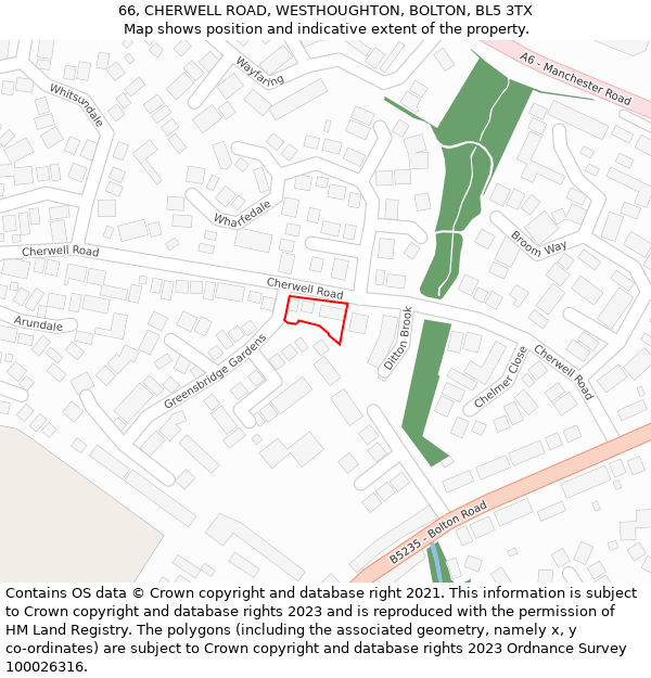 66, CHERWELL ROAD, WESTHOUGHTON, BOLTON, BL5 3TX: Location map and indicative extent of plot