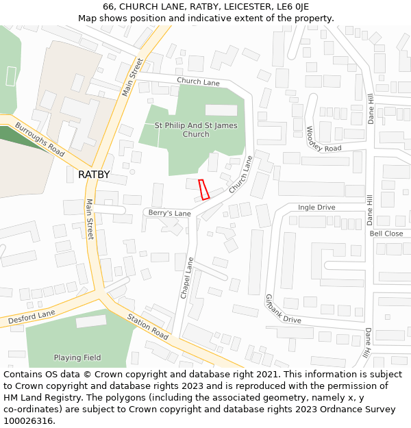66, CHURCH LANE, RATBY, LEICESTER, LE6 0JE: Location map and indicative extent of plot