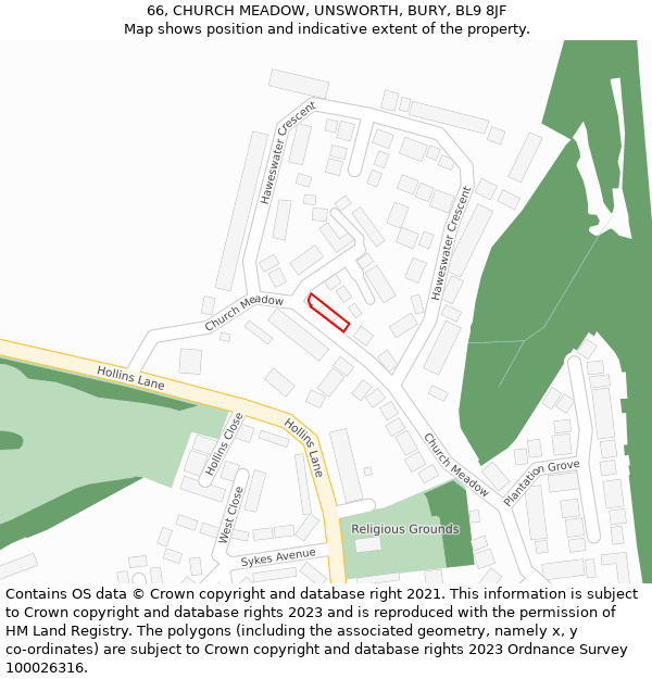 66, CHURCH MEADOW, UNSWORTH, BURY, BL9 8JF: Location map and indicative extent of plot