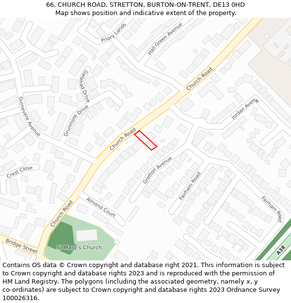 66, CHURCH ROAD, STRETTON, BURTON-ON-TRENT, DE13 0HD: Location map and indicative extent of plot