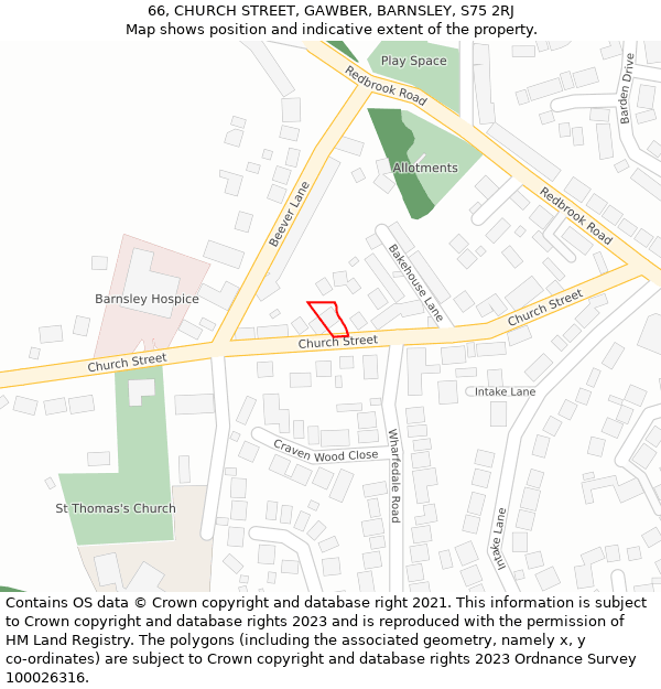 66, CHURCH STREET, GAWBER, BARNSLEY, S75 2RJ: Location map and indicative extent of plot