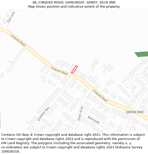 66, CINQUES ROAD, GAMLINGAY, SANDY, SG19 3NR: Location map and indicative extent of plot