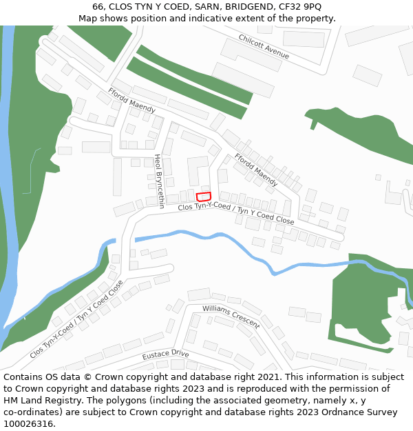 66, CLOS TYN Y COED, SARN, BRIDGEND, CF32 9PQ: Location map and indicative extent of plot