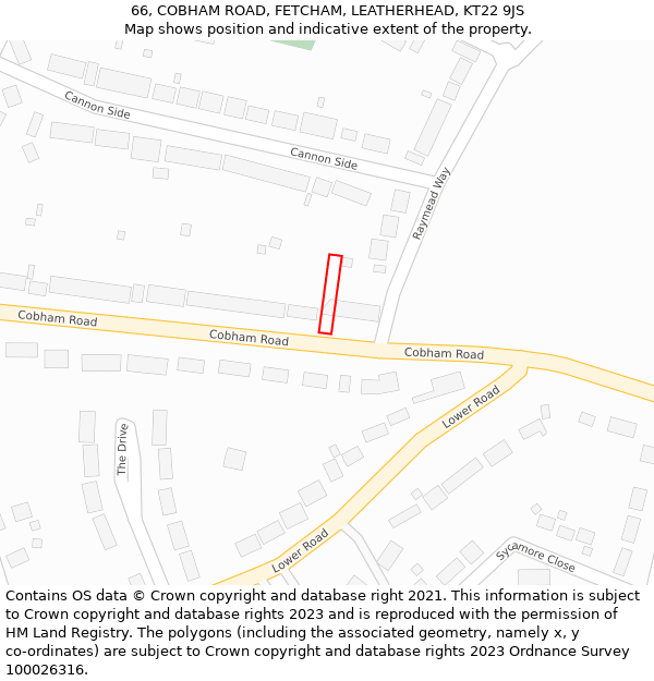 66, COBHAM ROAD, FETCHAM, LEATHERHEAD, KT22 9JS: Location map and indicative extent of plot