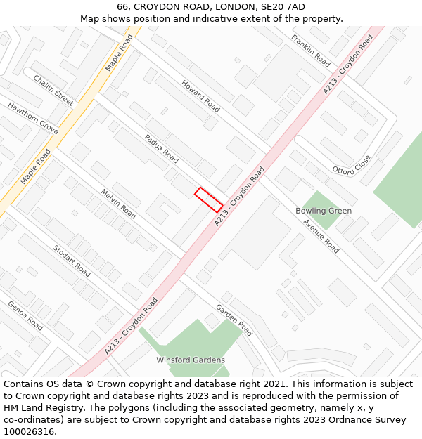 66, CROYDON ROAD, LONDON, SE20 7AD: Location map and indicative extent of plot