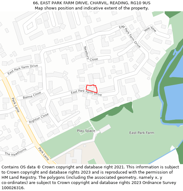 66, EAST PARK FARM DRIVE, CHARVIL, READING, RG10 9US: Location map and indicative extent of plot