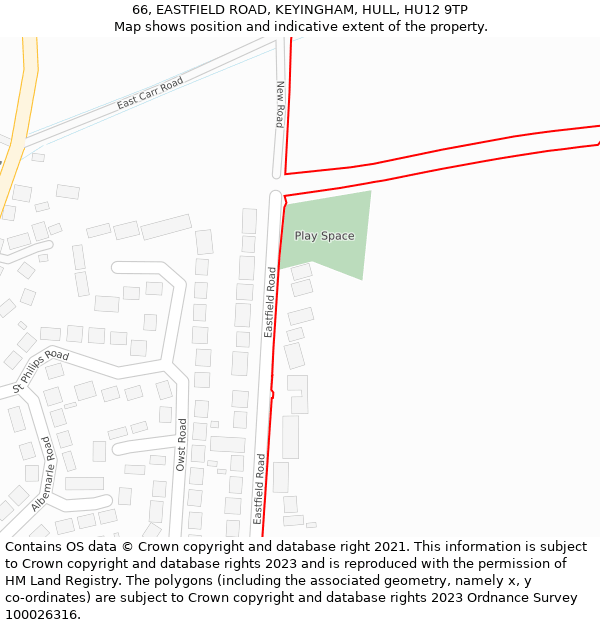 66, EASTFIELD ROAD, KEYINGHAM, HULL, HU12 9TP: Location map and indicative extent of plot