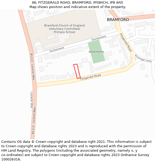 66, FITZGERALD ROAD, BRAMFORD, IPSWICH, IP8 4AD: Location map and indicative extent of plot
