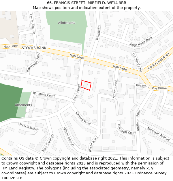 66, FRANCIS STREET, MIRFIELD, WF14 9BB: Location map and indicative extent of plot