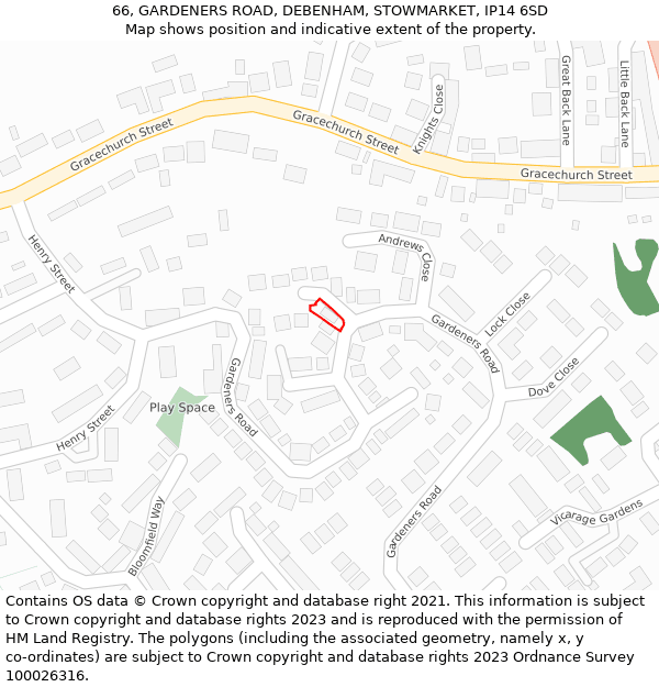 66, GARDENERS ROAD, DEBENHAM, STOWMARKET, IP14 6SD: Location map and indicative extent of plot