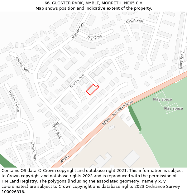 66, GLOSTER PARK, AMBLE, MORPETH, NE65 0JA: Location map and indicative extent of plot