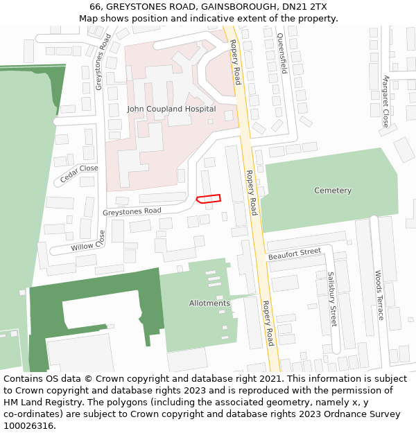 66, GREYSTONES ROAD, GAINSBOROUGH, DN21 2TX: Location map and indicative extent of plot