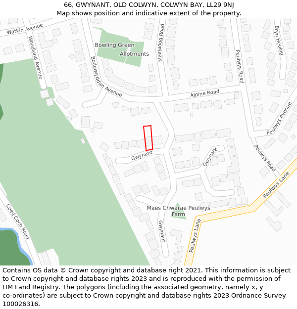 66, GWYNANT, OLD COLWYN, COLWYN BAY, LL29 9NJ: Location map and indicative extent of plot