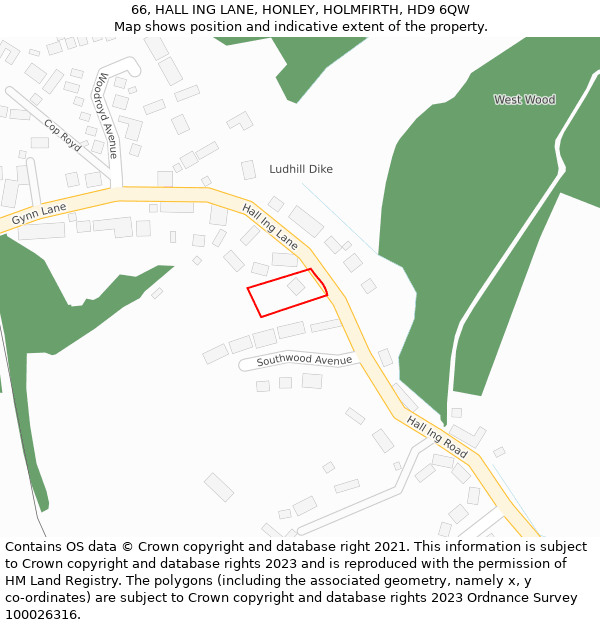 66, HALL ING LANE, HONLEY, HOLMFIRTH, HD9 6QW: Location map and indicative extent of plot