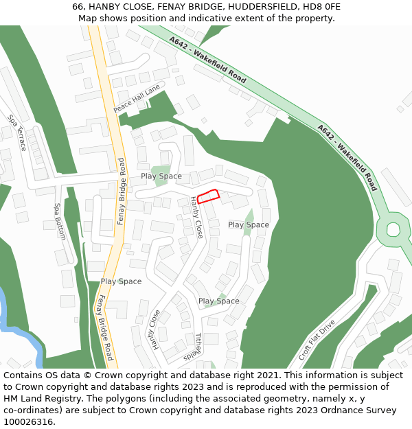66, HANBY CLOSE, FENAY BRIDGE, HUDDERSFIELD, HD8 0FE: Location map and indicative extent of plot